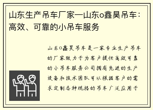 山东生产吊车厂家—山东o鑫昊吊车：高效、可靠的小吊车服务