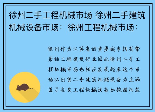 徐州二手工程机械市场 徐州二手建筑机械设备市场：徐州工程机械市场：二手设备折扣疯狂，品质保证
